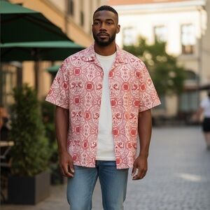 Sean John 2XL Men’s Salmon Red White Paisley Button Down Shirt Short Sleeve